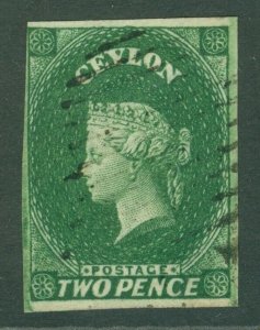 SG 3 Ceylon 1857-59. 2d green. Very fine used, 4 margins