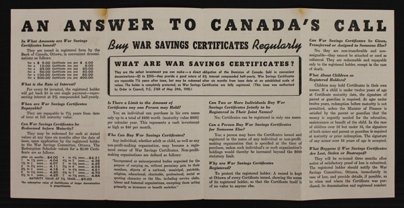 Canada Revenue WWII War Savings Certificate Brochure