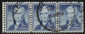 US Scott 1038, 1954 Liberty Issue 5c Strip of 3 Monroe used