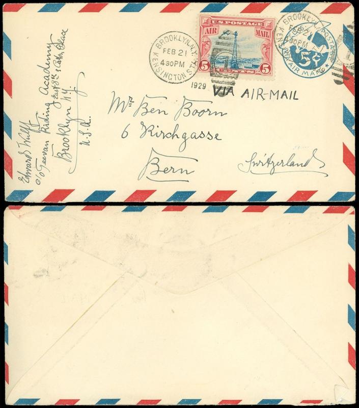 FEB 21, 1929 Brooklyn CDS, Foreign Use to BERN SWITZERLAND, Air Mail #C11, #UC1!