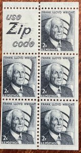 US #1280a MNH SG Booklet Pane of 5 + Zip Label F L Wright SCV $1.25 L42