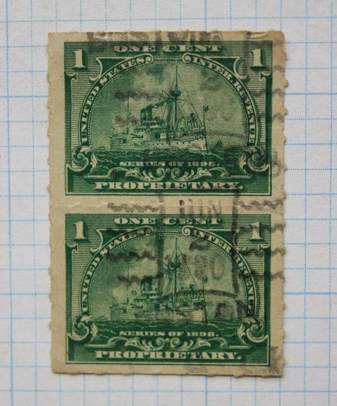 US IR Proprietary 1898 battleship revenue pair Boston  MA 1900 cancel 1c green