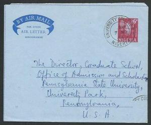 NIGERIA 1963 6d aerogramme to USA - UNIVERSITY COLLEGE BO cds..............64076