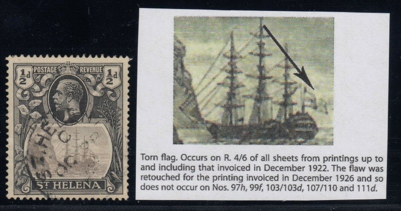 St. Helena, SG 97b, used Torn Flag variety