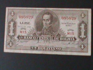 BOLIVIA-1928-NATIONAL BANK $1 BOLIVIANO.LT.CIRULATED NOTE-VF-96 YEARS OLD