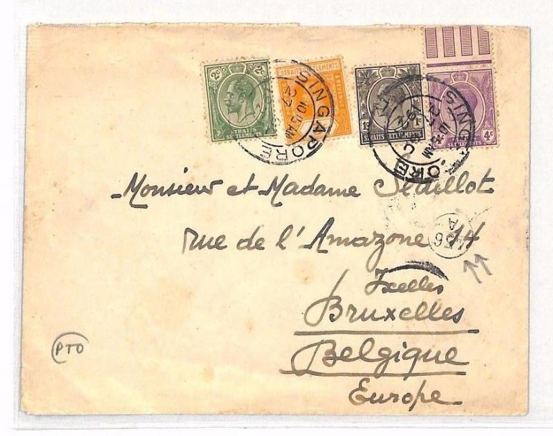 BH158 1927 SINGAPORE BELGIUM Brussels Cover 