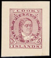 Cook Islands #13P, 1893 Queen Takau, 5p trial color die proof in purple on wo...