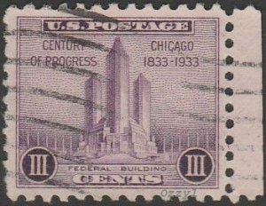 USA #729 1933 3c Violet Federal Building Chicago USED-Fine-NH.