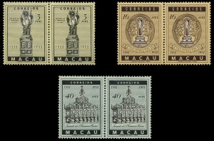 Macao #365-367 Cat$84, 1952 St. Francis Xavier, set of three in horizontal pa...