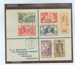 Togo 258-263 registered cover lome, togo to oldham, england, paris intl. expo.