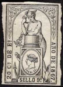 1867 Spain Revenue Sello 9 20 Cs E. Queen Isabella II Documentary Stamp