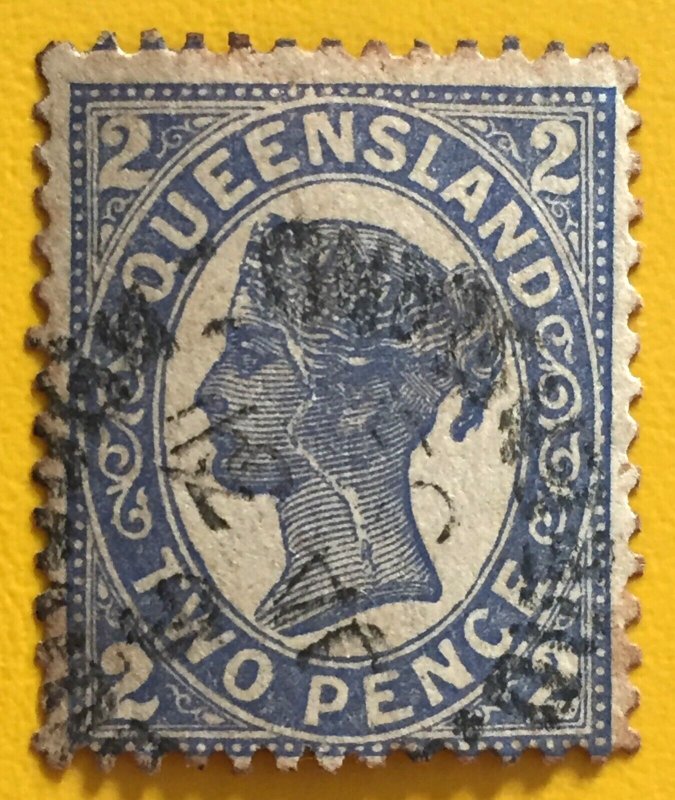 RARE 1897-1908 QUEENSLAND AUSTRALIA 2d Used feature FACIAL FLAW SG#234a A5076