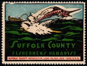 1939 US Poster Stamp Visit Suffolk County Long Island NY Fisherman's Par...