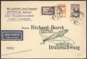 Hungary 1931 Graf Zeppelin Flown 1+2p OP Airmail Stamps Si103c Cover 106996