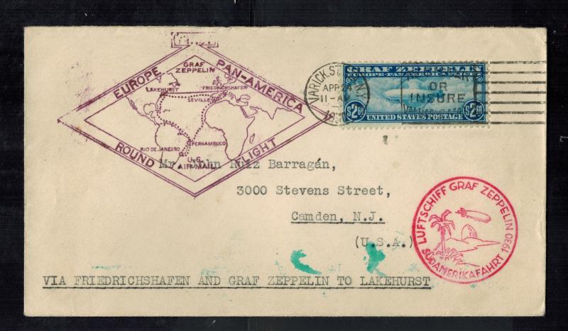 1930 USA Graf Zeppelin Cover Around the World to Camden NJ # C15