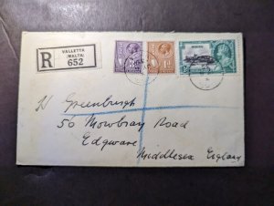 1935 Registered British Malta Cover Valletta to Middlesea England