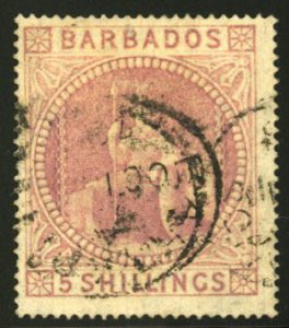 Barbados #43 Cat$375, 1873 5sh dull rose, used