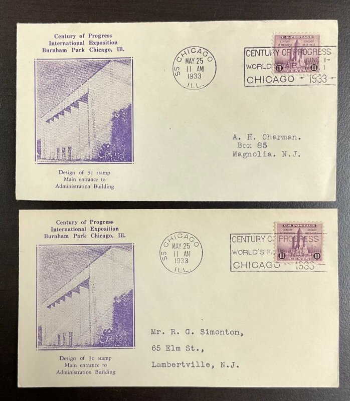 729 Two A. C. Roessler Cachets 1933 Century of Progress  FDC  P-59a