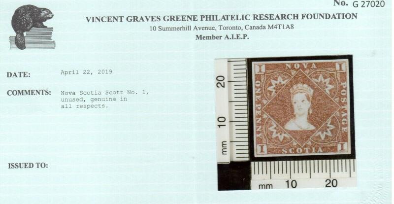 Nova Scotia #1 Extra Fine Unused (No Gum) Gem **With Certificate**