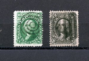 U.S. #68 & #69 (U331) Washington 10¢ green & 12¢ black, 1861, Used, F, CV$150.00