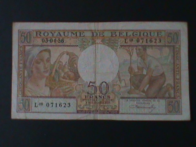 ​BELGIUM-1956- KONINKRIJK-BELGIUM-50-FRANCS-LT..CIRULATED NOTE-VF-68 YEARS OLD