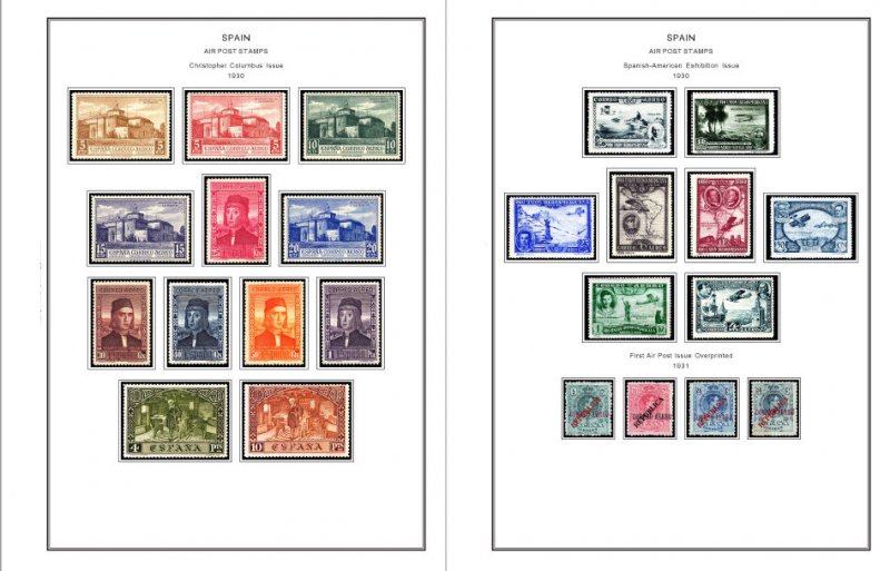 COLOR PRINTED SPAIN AIRMAIL 1920-1983 STAMP ALBUM PAGES (20 illustrated pages)