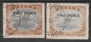 PAPUA 1931 LAKATOI TWO PENCE ON 11/2D BOTH PRINTINGS USED  