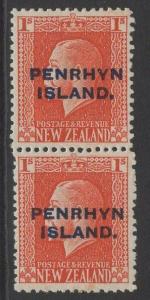 PENRHYN ISLAND SG27b 1917 1/- VERMILION VERTICAL PAIR(SG27/a) MTD MINT