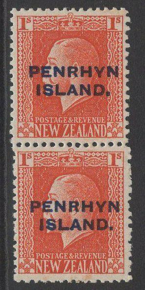 PENRHYN ISLAND SG27b 1917 1/- VERMILION VERTICAL PAIR(SG27/a) MTD MINT