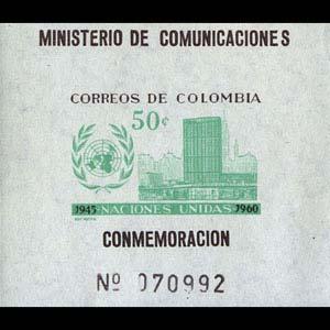 COLOMBIA 1960 - Scott# 725 S/S UN 15th. NH