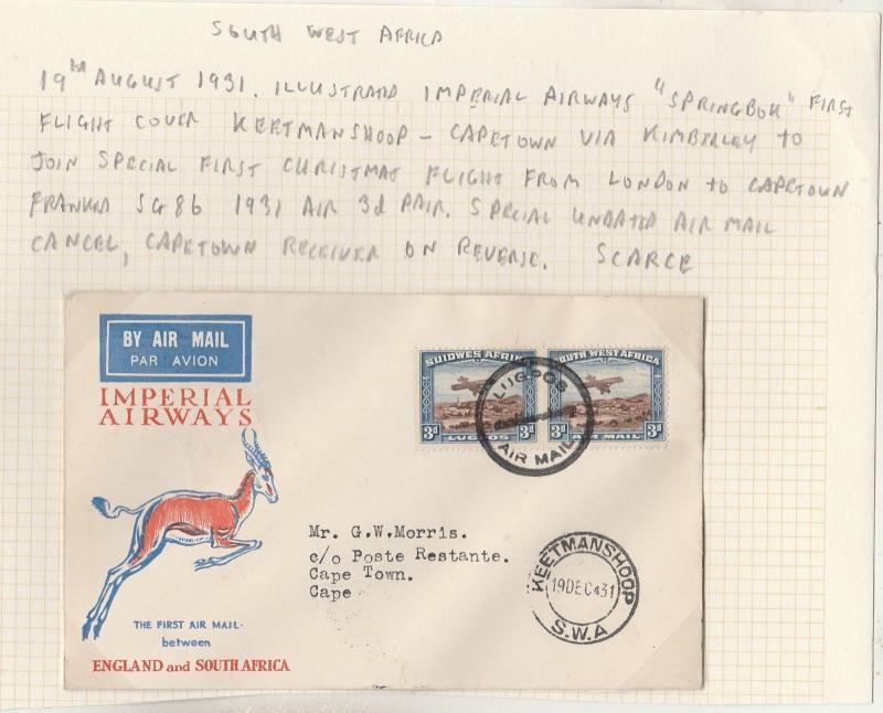 SOUTH WEST AFRICA 1931 FIRST FLIGHT COVER KEETMANSHOOP - CAPE TOWN SOUTH AFRICA