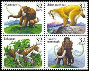 1996 Prehistoric Animals Block of Four 32 Cent Postage Stamps, Sc#3077-80, MNH