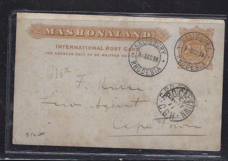 RHODESIA (P1609B) 1898 1/2D PSC TO CAPETOWN WITH MSG