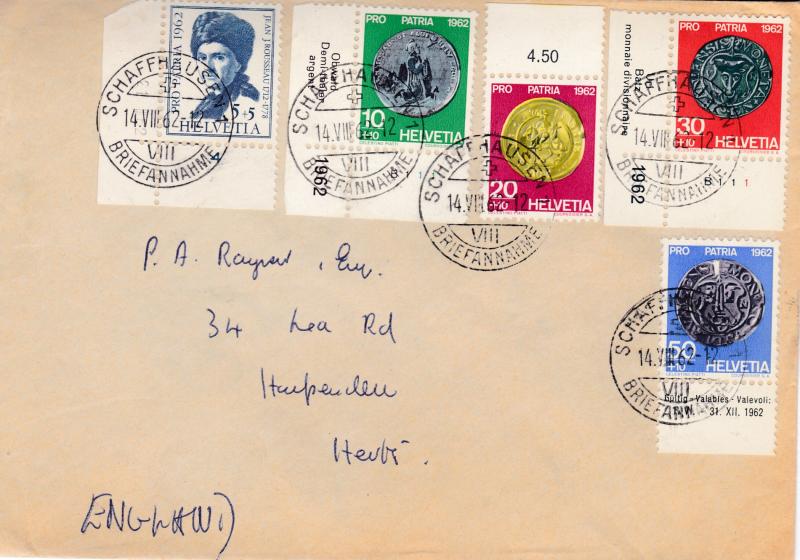 Switzerland 1962 Pro-Patria Ancient Coins Complete (5) cover. Local use