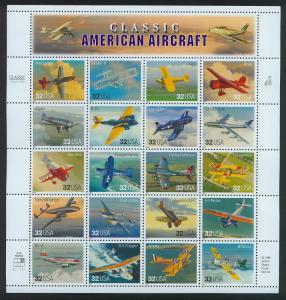 Classic American Aircraft Sheet of Twenty 32 Cent Stamps Scott 3142a