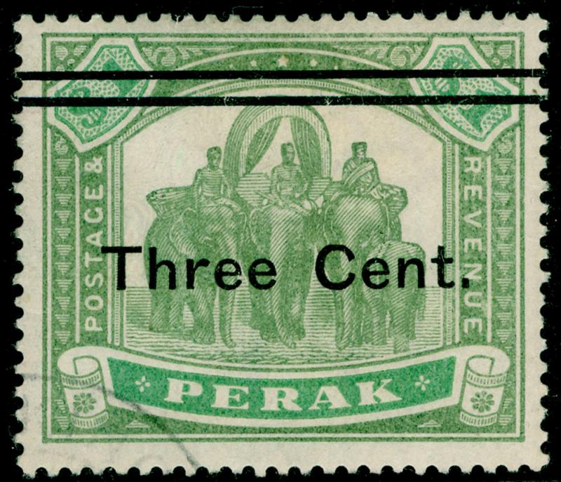 MALAYSIA - Perak SG86, 3c on $1 green & pale green, FINE USED. Cat £150. 