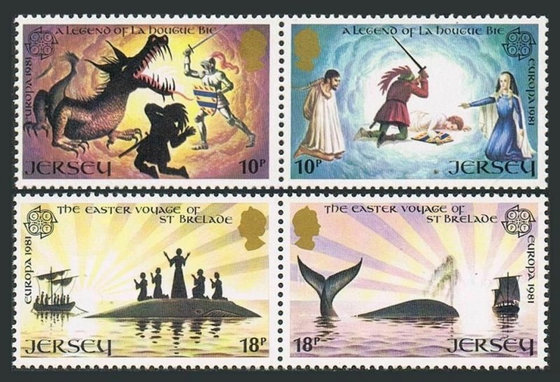 Jersey 271-274a pairs,MNH.Michel 253-256. EUROPE CEPT-1981.Legends.Dragon,Whale,