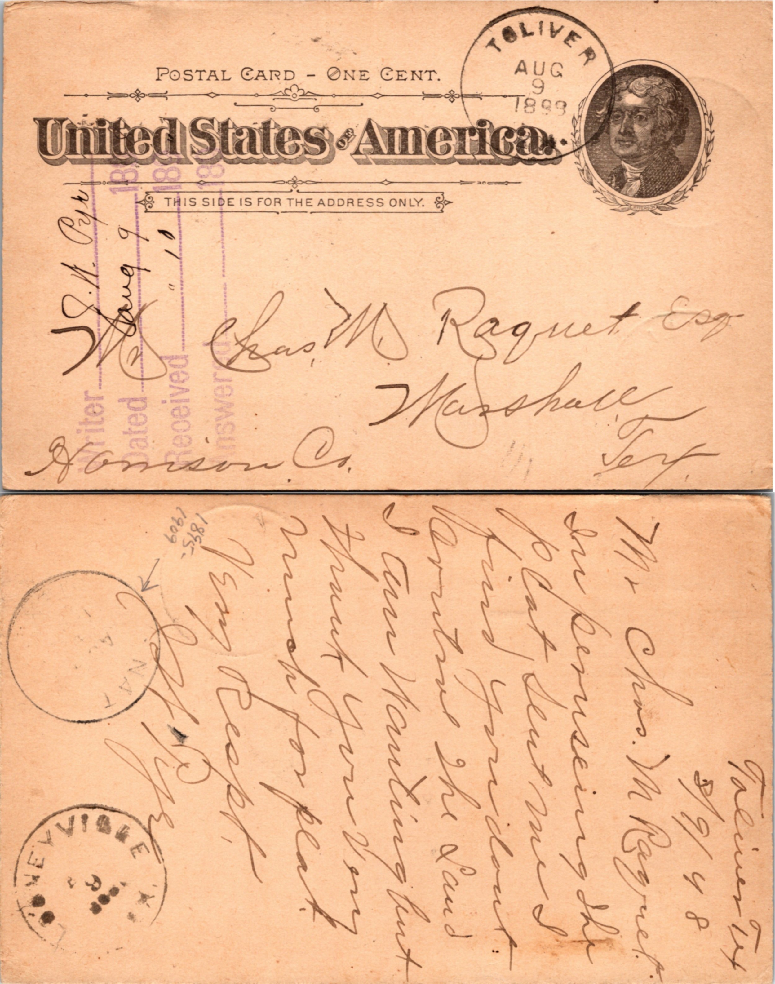 Nacogdoches Cty Toliver DPO Dead Post Office 18881904, 1898