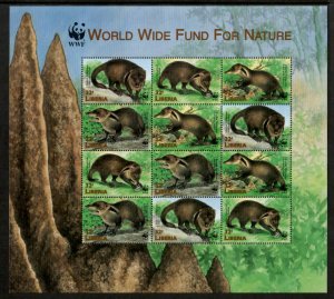 Liberia 1998 - WWF animals Mongoose - Sheet of 12 Stamps - Scott #1321 - MNH