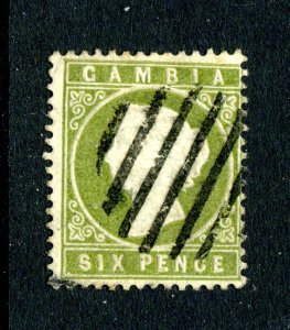 Gambia 1886 QV. 4d yellowish olive green. Used. SLOPING LABEL. SG32a.