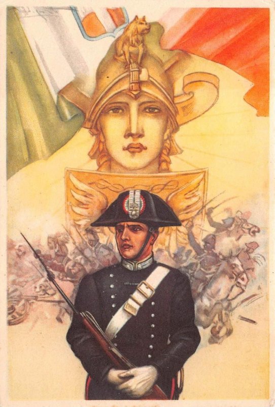 ITALY SOLDIER GUN CAVALRY FLAGS MILITARY PATRIOTIC POSTCARD (c. 1940s)