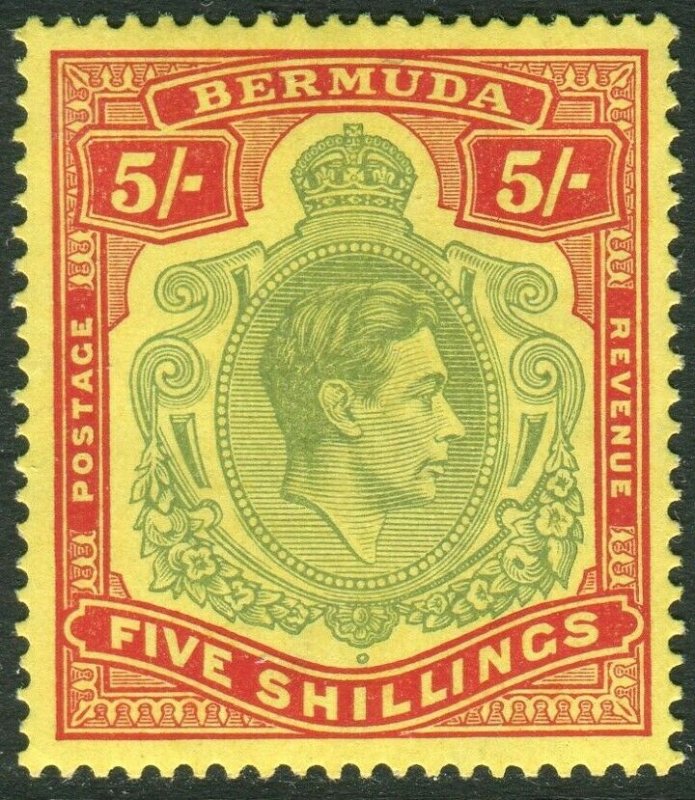 BERMUDA-1939 5/- Pale Green & Red/Yellow Perf 14. A lightly mounted mint Sg 118a