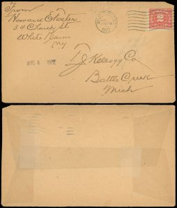 1922 White Plains, #R229 Revenue Illegal Usage Cover to Kellogg's Co in MI! (SK)