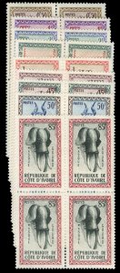 Ivory Coast #171-179 Cat$45.80, 1960 Masks, complete set in blocks of four, n...