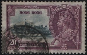 Hong Kong 1935 used Sc 150 20c GV Silver Jubilee Thinned, album adherence