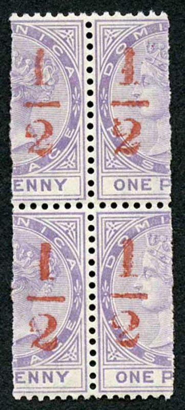 Dominica SG11 1/2(d) in red on half a 1d Fine M/M Block of FOUR