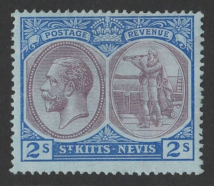 ST. KITTS-NEVIS 1920 KGV Badge 2/- dull purple & blue on blue, wmk mult crown.