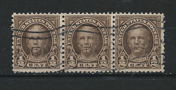 Scott #  653   USED  strip of 3