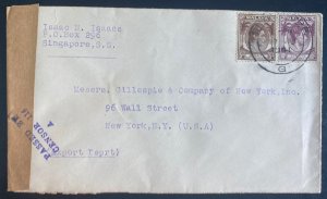 1941 Singapore Malaya Straits Settlements Censored Cover To New York Usa