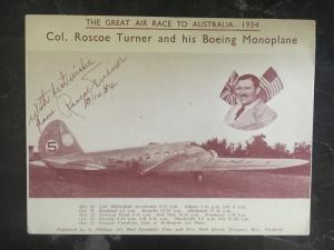 1934 England National Air Race Postcard to Australia Signed by Col Roscoe Turner